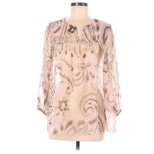 Lucky Brand Soft Pink Long-Sleeved‎ Blouse with Brown Pattern